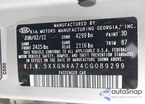 2012 Kia Optima Ex z USA, uszkodzony, nr VIN 5XXGN4A74CG089299